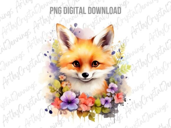 Charm & Creativity: The Watercolor Floral Fox Animal PNG