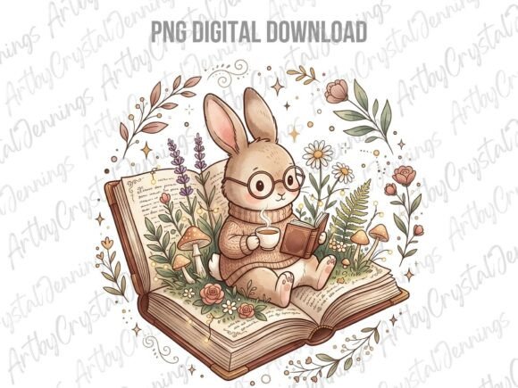 Cottagecore Reading Bunny Animal PNG