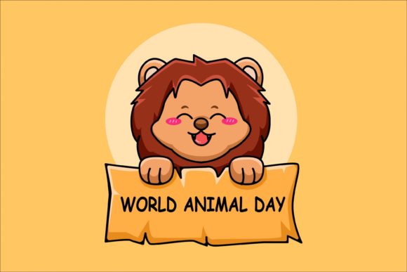 Cute Lion with World Animal Day Text: A Roaring Design Asset