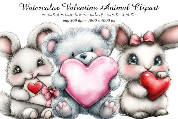 Watercolor Valentine Animal Clipart: A Sweet Addition to Your Design Assets