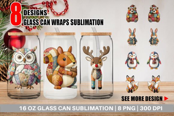 Woodland Animal Patchwork Glass Can Wrap for Libbey 16oz